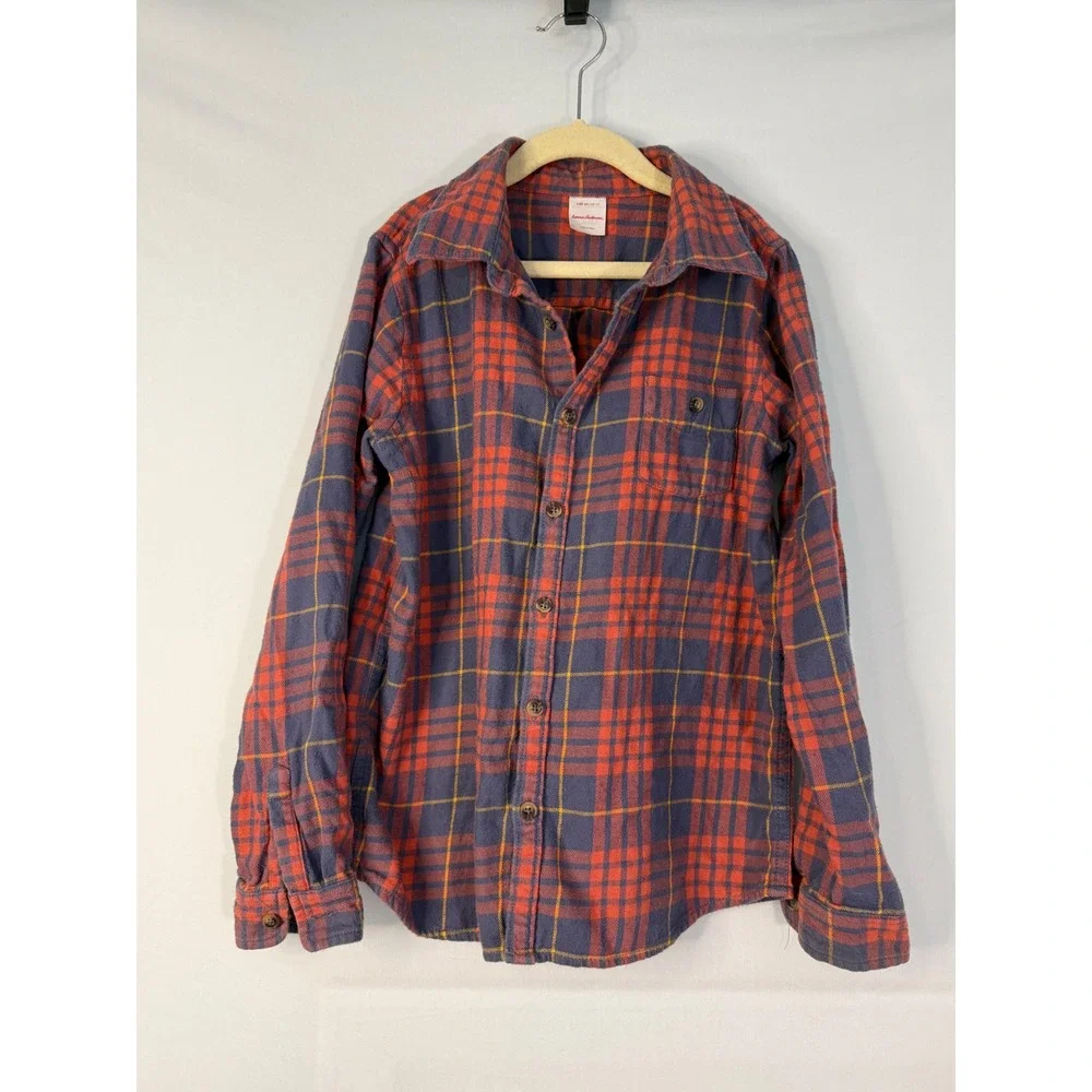 Hanna Andersson Flannel Shirt Kids Size 10 Orange Blue‎ Plaid Button Up